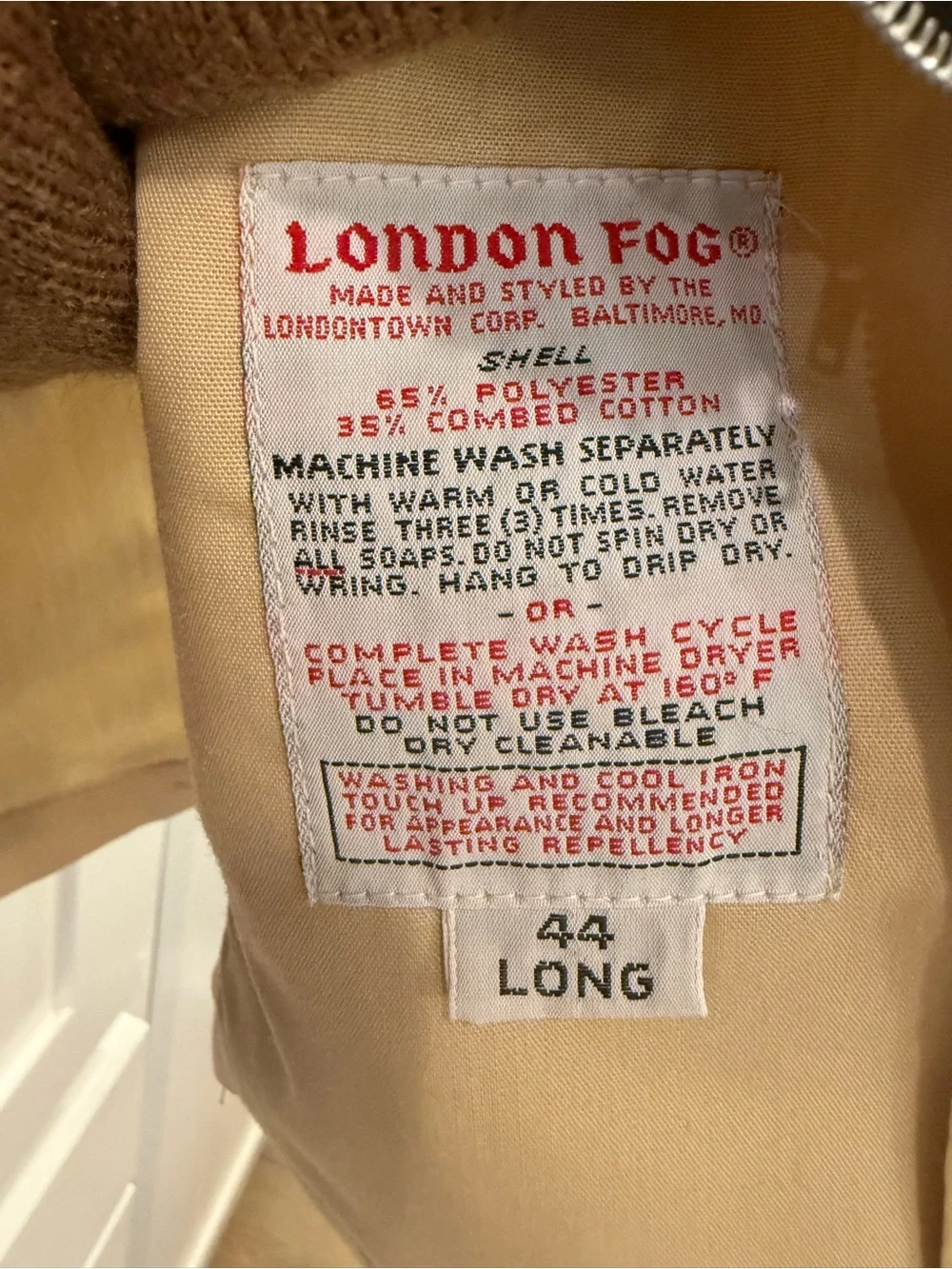Vintage London Fog 44 Long Tan Zip Jacket Removable Faux Fur Liner USA Classic